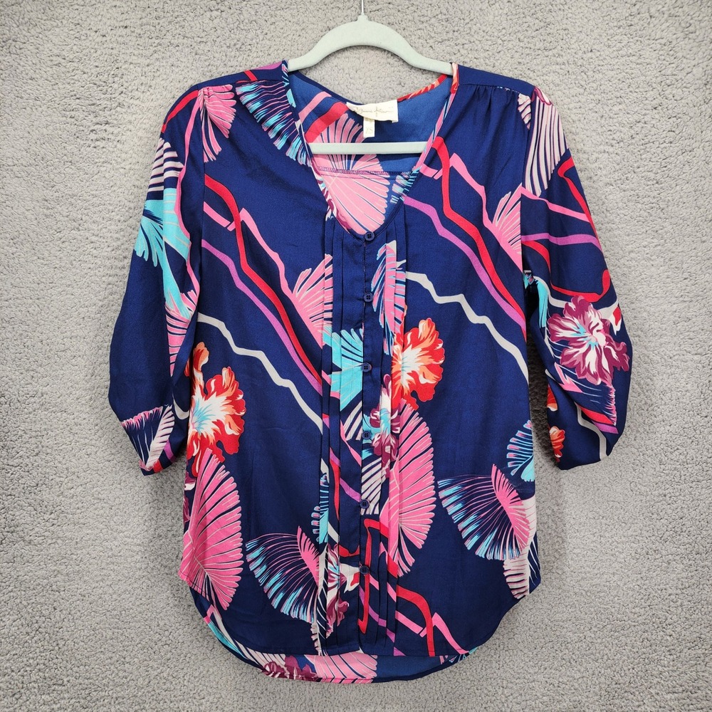 Yumi Kim Navy Tropical Floral V-Neck Button Bib 3/4 Roll Tab Sleeve Blouse XS